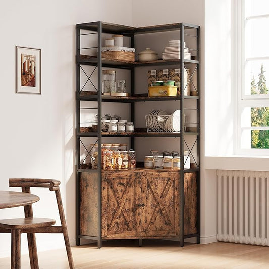IRONCK Bookshelves 6 Tiers, Corner Bookshelf with Baffles, Bookshelves and Bookcases with Doors, Industrial Display Bookshelf for Living Room, Kitchen