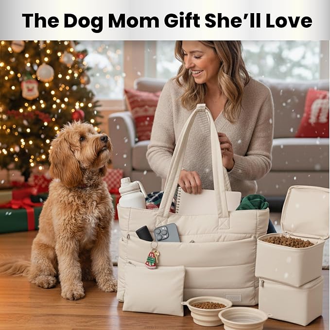 Puffer Dog Travel Bag for Dog Moms – Doggy Diaper Bag with Pet Bowls & Food Storage or Everyday Puffy Tote – Christmas Doggy Mom Gifts for Women – Lightweight, Travel-Ready Gift for Pet Lovers – Beige