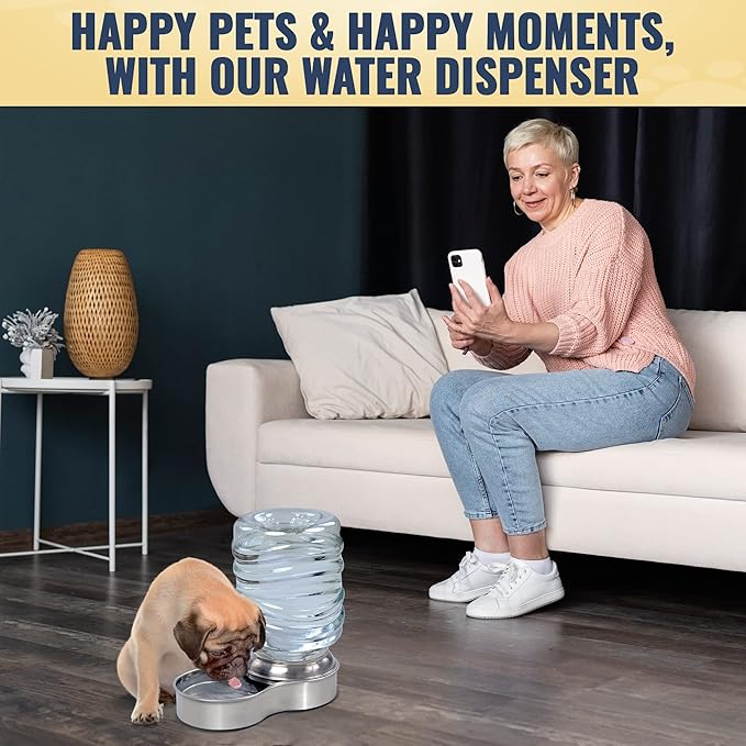 Bundaloo Dog Water Bowl Dispenser - Automatic Slow Refilling System Keeps Stainless Steel Drinking Dish Filled - Refillable 3 Liter Bottle, Non-Skid Feet - Clean, Safe, & Fresh Drink for Pet Dogs