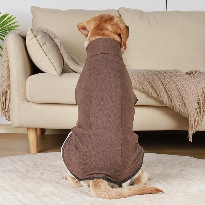 ROZKITCH Dog Fleece Sweater, Pet Windproof Warm Cold Weather Jacket Vest Cozy Jumpsuit Apparel Outfit Clothes for Walking Hiking Travel Sleep Brown L