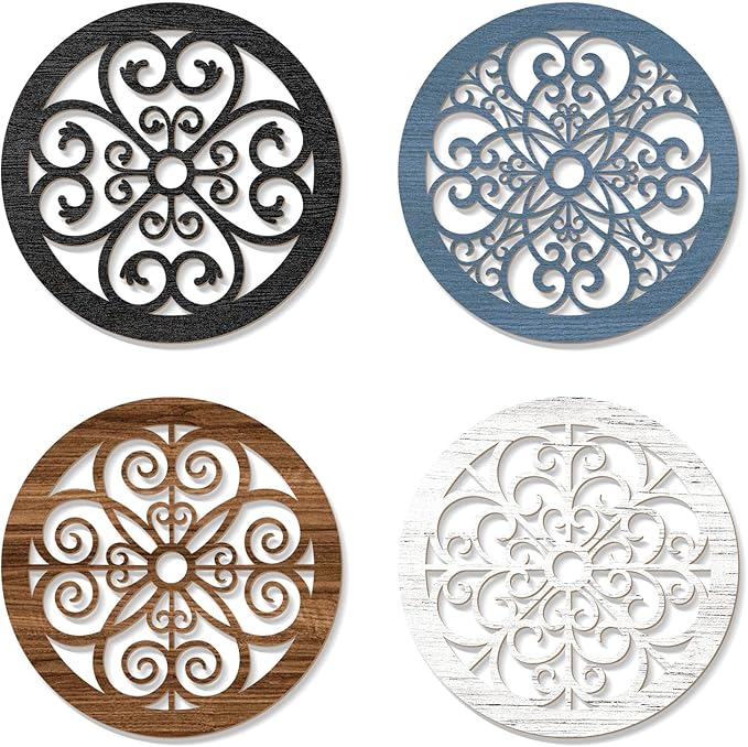 Zzbakress 4 Pieces Farmhouse Wall Decor Rustic Circle Wall Decor Wooden Hollow Carved Round Wall Art for Living Room Bedroom Kitchen Bathroom Home Wall Decoration (Delicate, Colorful)