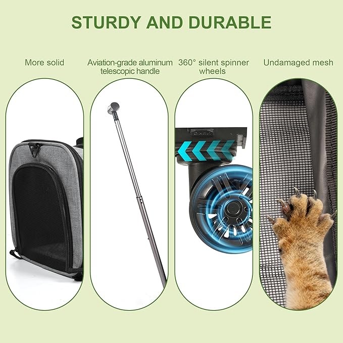 Cat Carrier with Wheels – Airline Approved Pet Travel Backpack, Soft-Sided Collapsible Rolling Carrier for Cats and Small Dogs, Expandable Top Loading Ventilated Design, Grey