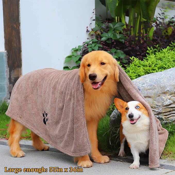 Extra Large Dog Towel - Pack of 2 - Super Absorbent Soft Microfiber Pet Bath Grooming Towels for Drying Dogs and Other Pets (XL-55" * 36", Green and Brown)