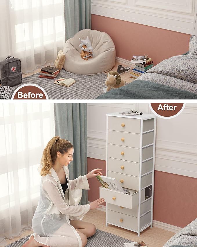 Crestlive Products Tall Dresser, 8-Drawer Fabirc Storage Tower, Chests of Drawers - Vertical Organizer Unit for Bedroom, Hallway, Entryway, Nursery, Closets - Steel Frame, Wood Top & Handles (Beige)