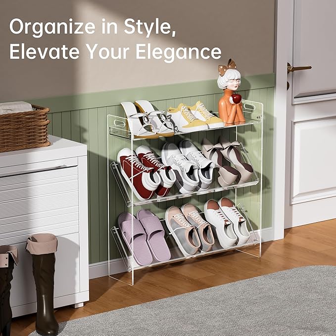 Acrylic Shoe Rack 3-Tier Clear Shoe Organizer for Closet, Shoe Shelf Storage for Entryway (Clear, 27.5“×6.7”×27“)