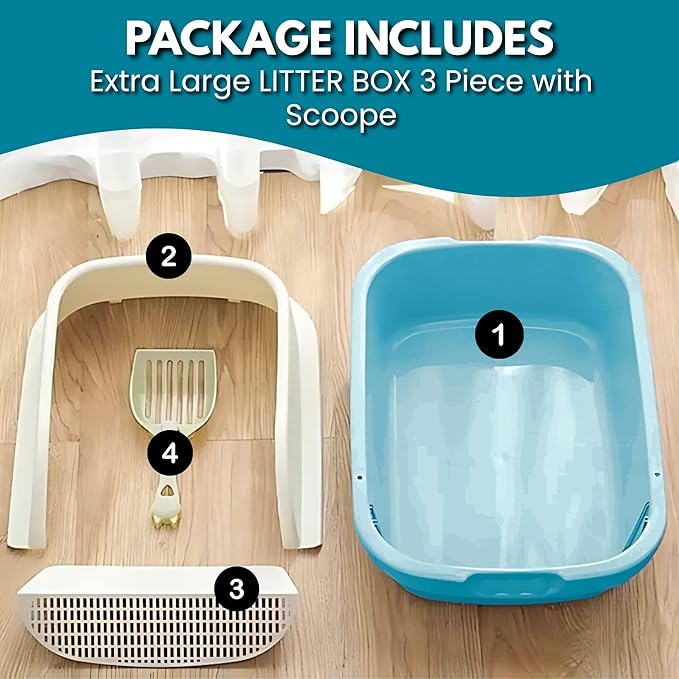 Large Open-Top Cat Litter Box with High Sides, Enclosed Scatter Shield Design, Easy Clean Plastic Litter Pan, Includes Scoop (Blue)