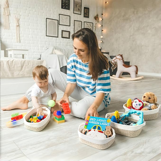 Storage Basket Set – 5-Piece Baskets for Organizing Home, Shelves, Nursery, Bathroom, Dog Toys, Small to Large Decorative Baskets – White and Mixed Brown