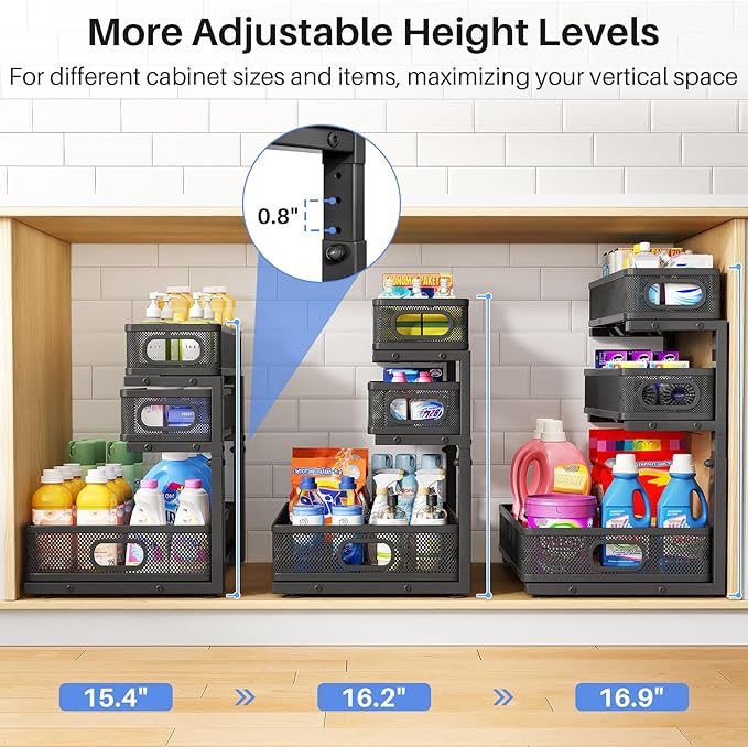 HERJOY Under Sink Organizer, 2-Pack 3-Tier Height Adjustable Thickened Metal Pull out Cabinet Organizer Shelf, Slide out Storage Drawer Rack for Bathroom Kitchen Pantry Home Laundry Organization