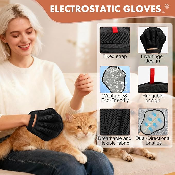 Pet Hair Removal Glove, Electrostatic Pet Hair Remover Glove for Cats & Dogs, Hair Remover Tools for Couch, Carpet, Clothing, Car Seat - Upgraded Five-Finger, Reusable, Black+Black