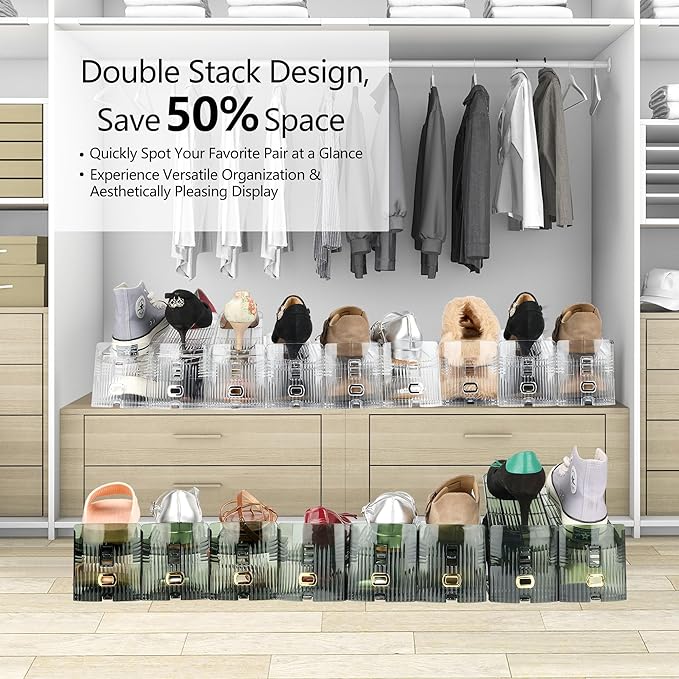 Yes!Fresh Shoe Slot Organizer, Boutique Display Style Shoe Stacker for A Pair of Shoes, Separable Shoe Rack for Closet Organization, 3 Adjustable Narrow Shoe Rack (Transparent Green, 8 Pack)