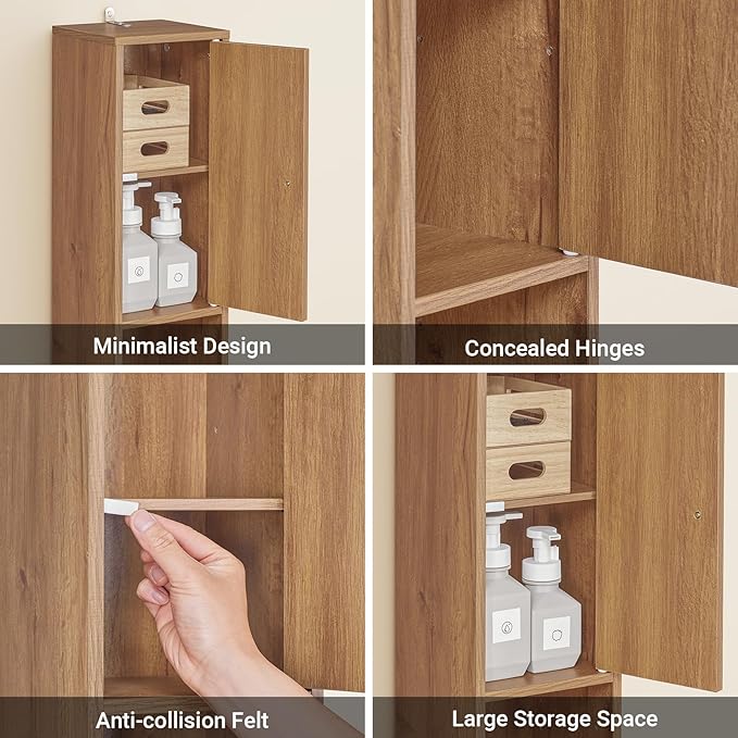 SoBuy Bathroom Narrow Storage Cabinet Skinny Tall Unit with Adjustable Shelves Slender Anti-Tipping Floor Standing Cupboard, Natural BZR34-PF