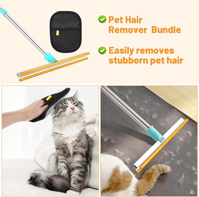 Carpet Rake for Pet Hair Removal, 51” Adjustable Long Handle Cat Dog Carpet Rake Scraper with Pet Hair Removal Glove, Reusable Cat Dog Hair Remover for Sofa, Couch, Rug, Car