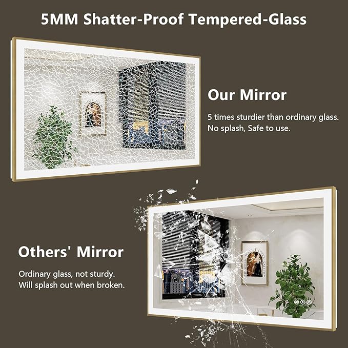 40x36 Inch LED Bathroom Mirror with Lights (Front Lit and Backlit) Gold Framed Lighted Vanity Mirror for Bathroom Wall Dimmable Anti-Fog Memory Tempered Glass Horizontal/Vertical