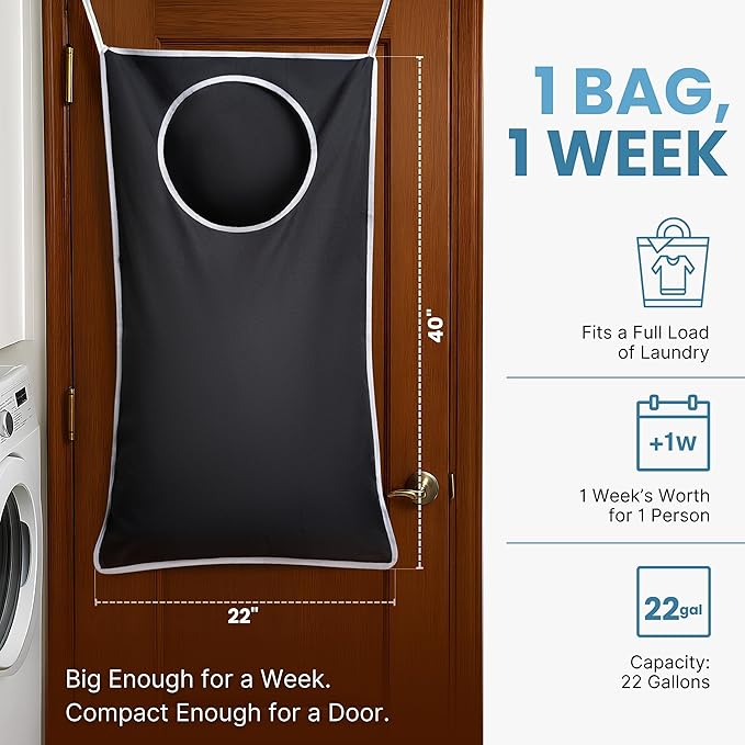 Hanging Laundry Hamper Bag XL 40x22", Space Saving over the Door Storage Bags, Behind the Door Hampers for Dirty Clothes & Wall Mounted Basket for Bathroom (1, Black)