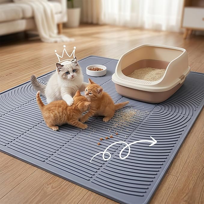 Silicone Cat Litter Mat for Litter Box, 31" x 22" Large Leak-Proof Tray, Scatter Control for Cat Litter, Soft Durable Material, Waterproof & Easy Clean Mat for Indoor Cats, Gray