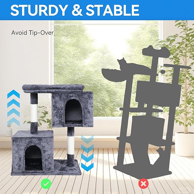 FluffyDream 33.5in Small Cat Tree Tower for Indoor Adult Cats, 2 Cozy Plush Condos, Oversized Perch & Sisal Scratching Posts,Grey
