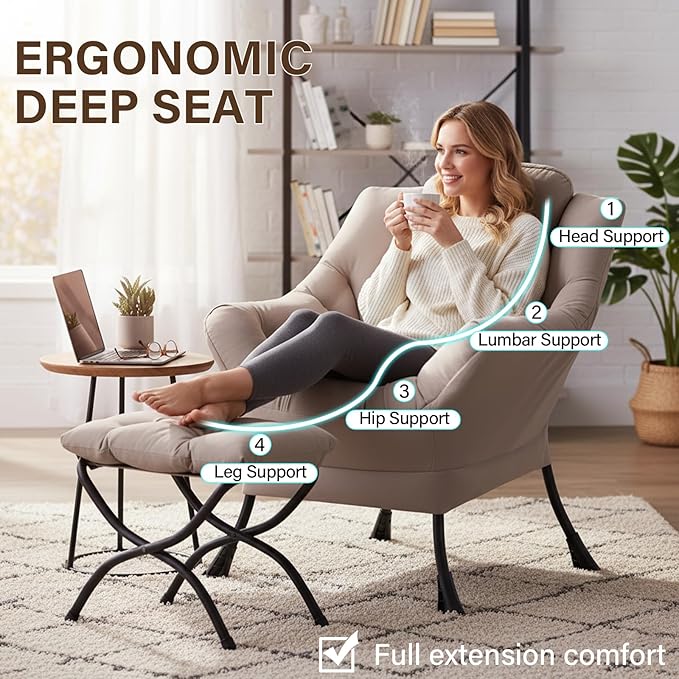 Welnow Lazy Chair with Ottoman, Modern Reading Lounge Accent Chair with Armrests and a Side Pocket, Leisure Upholstered Lazy Sofa Set with Footrest for Small Space, Khaki
