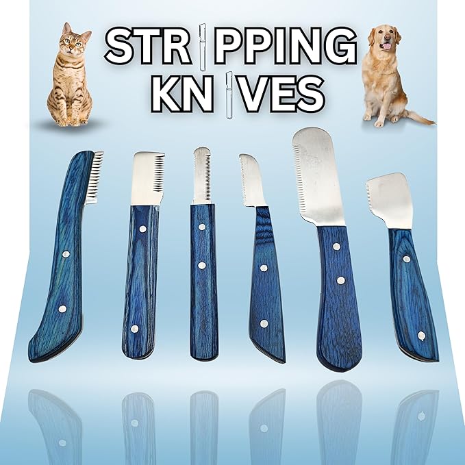 Professional Dog Grooming Stripping Knife Kit – 6-Piece Pet Grooming Tool Set with Stainless Steel Blades & Wooden Handles for Undercoat Removal, Deshedding, Coat Thinning Natural (Blue)
