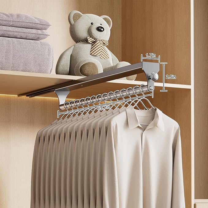 2 Pack Pull Out Closet Rod, 13.7inch Heavy Duty Pants Rack, Adjustable Clothes Hanger Rail, Space Aluminum Valet Rod, Top Mounted Wardrobe Clothes Organizer, Closet Storage for Trousers Coats Gray