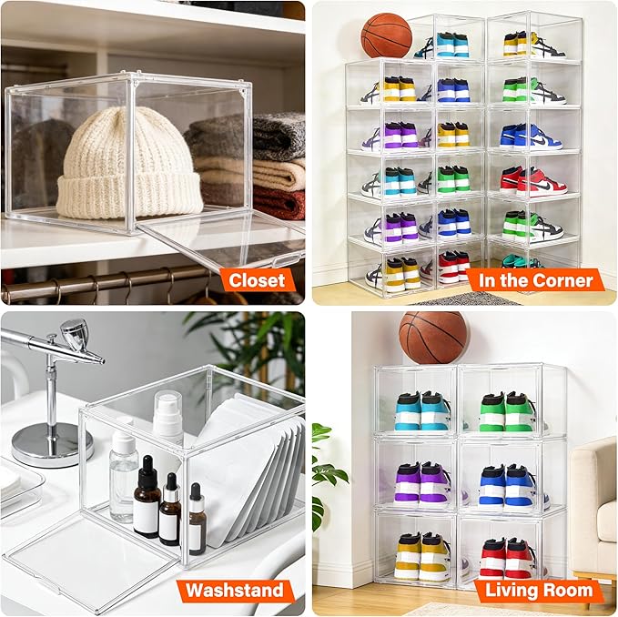 12 Pack Drop Front Acrylic Shoe Boxes with Magnetic Door Fit US Size 12, Clear Stackable Shoe Organizer for Closet, Entryway, Underbed, Multiple Display Cases for Hats, Figures, Sneakers