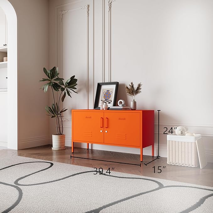Orange Metal Storage Cabinet with Lock, 2-Door Wide Organizer, Adjustable Shelves, Multifunctional TV Stand & Entertainment Center for Bedroom, Living Room, 24" H x 39.4" W x 15" D