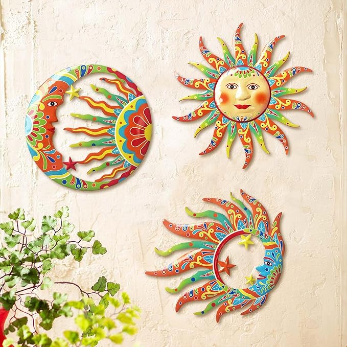 Limygus 3D Printed Sun Moon Metal Wall Art - Rust Colored Rust Proof Wall Sculpture Set of 3 for Indoor & Outdoor Decor for Bedroom, Garden, Patio, Farmhouse