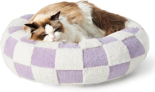 LE SURE Cat Beds for Indoor Cats - Round Cat Bed Donut Small Dog Bed Calming Pet Beds, Cute Modern Beds with Jacquard Shaggy Plush & Anti Slip Bottom, 20 Inch, Purple