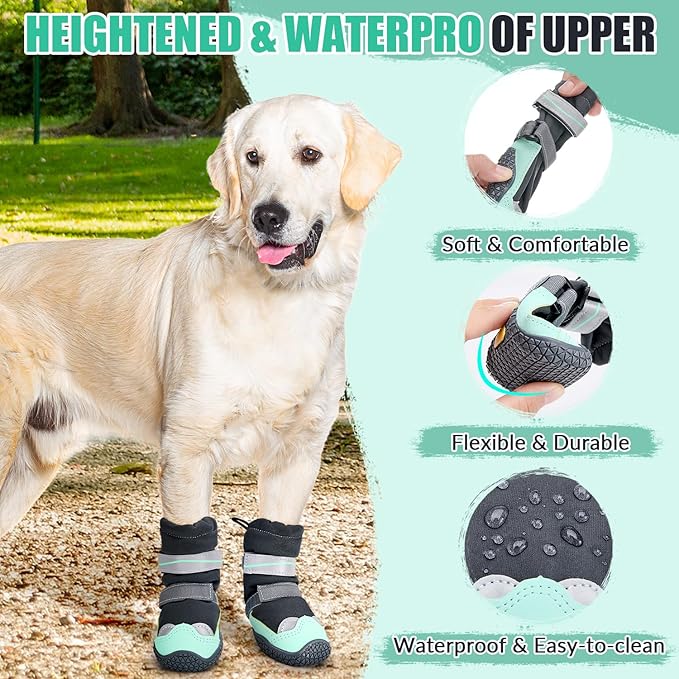 Lukovee Dog Shoes - Waterproof Fleece Lined Dog Boots for Large Small Medium Dogs, Reflective Booties with Non-Slip Rubber Sole for Rain Winter Cold Weather (Green,Size 3)