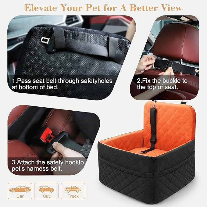 Dog Car Seat for Small/Medium Dogs,Pet Dog Booster Car Seat Puppy 15-35 lbs with Soft 4+2in Detachable Pads Detachable Elevated Cushion and Washable Cover Safety Belts Storage Pockets Easy to Install