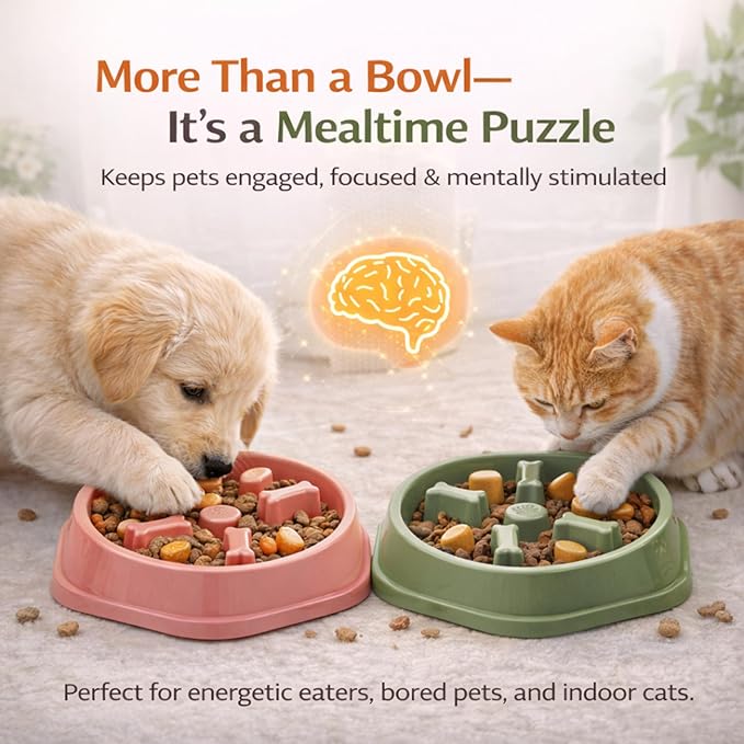 Slow Feeder Bowl for Small & Medium Cats & Dogs - Durable Slow Feeding Bowl with Non-Slip Base - Anti-Choking Puzzle Food Bowl for Dogs That Helps Mental Stimulation & Reduces Fast Eating-Pink