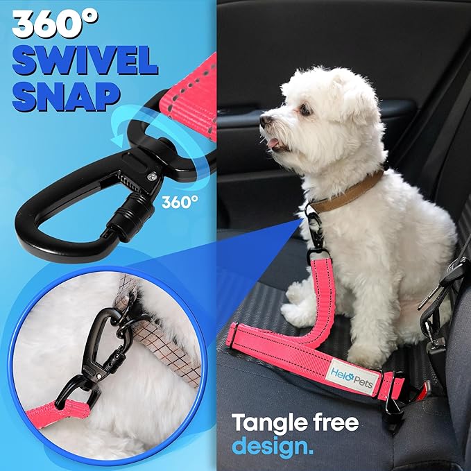 Dog Car Seat Belt 3-in-1 Adjustable Safety Seatbelt for Dogs in Car – Durable Extra Thick Nylon Webbing Bungee with Hook & Buckle Latch, Reflective Dog Harness (Pink).
