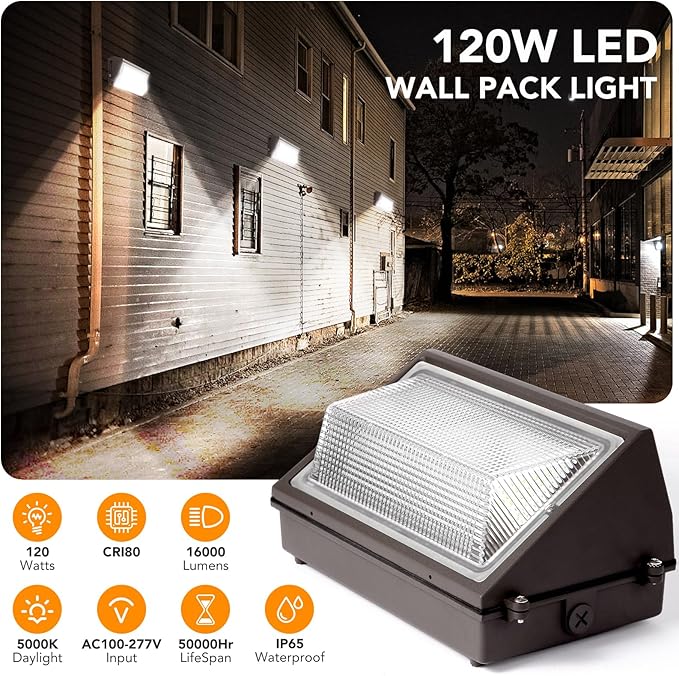 120W LED Wall Pack Light Dusk to Dawn,5000K 16000LM Wallpack Light with photocell,100-277V 800W HPS Equivalent,Waterproof Outdoor Commercial Industrial Security Lighting for Warehouse, ETL Listed