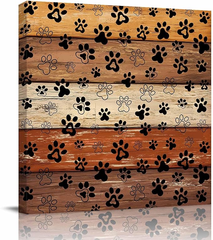 Framed Canvas Wall Art for Living Room Dog Paw Print Wall Decor, Retro Brown Orange Wood Grain Aesthetic Paintings for Bedroom Office Kitchen Bathroom, Ready to Hang Artwork Wall Pictures 12x12 Inch