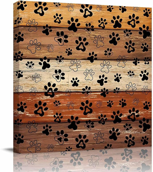 Framed Canvas Wall Art for Living Room Dog Paw Print Wall Decor, Retro Brown Orange Wood Grain Aesthetic Paintings for Bedroom Office Kitchen Bathroom, Ready to Hang Artwork Wall Pictures 20x20 Inch