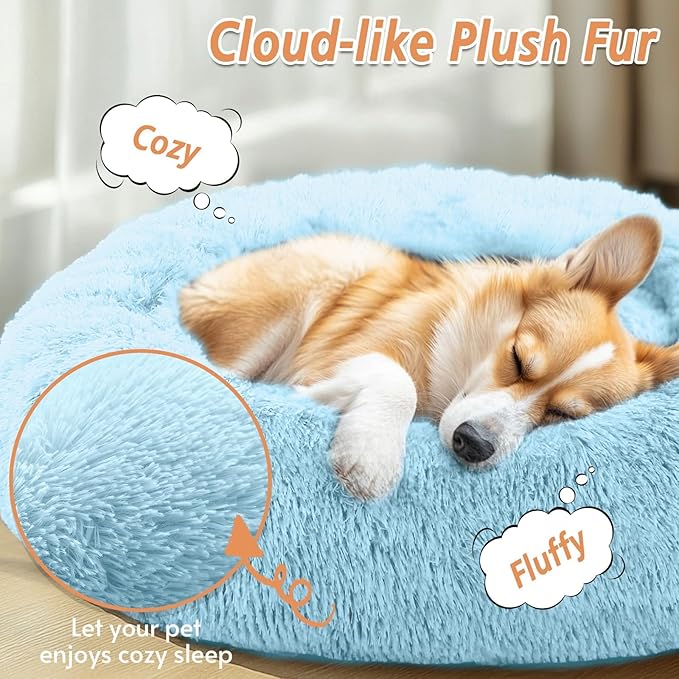Calming Donut Dog Bed — Medium 31", Anti-Anxiety Faux Fur, Washable (Light Blue)