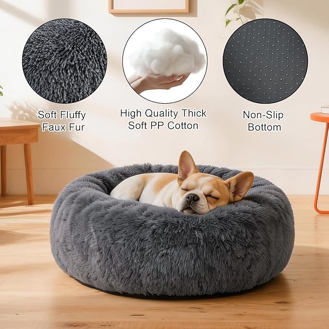 Dog Calming Beds for Small Medium Large Dogs - Round Donut Washable Puppy Dog Bed, Anti-Slip Faux Fur Fluffy Donut Cuddle Anxiety Cat Pet Bed(28" Dark Grey)