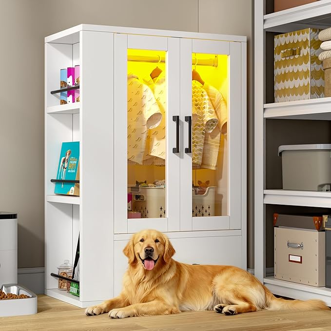 Pet Wardrobe Closet with LED Light, Side Storage Shelves & Drawer, White Pet Clothes Organizer Cabinet with Hanging Rod, Multi-Functional Pet Closet for Dogs & Cats Clothing, Toys