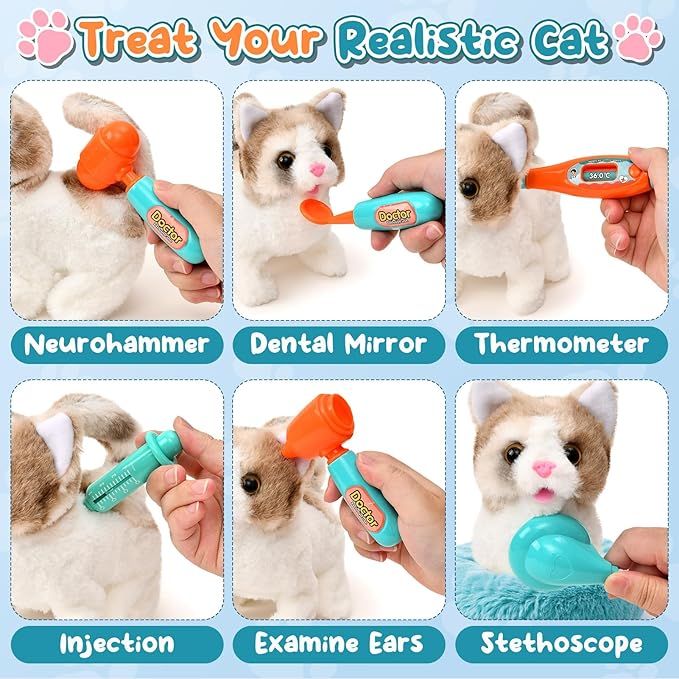 17PCS Interactive Cat Toys for Kids, Toys for 3 4 5 6 7 8 Year Old Girls Kids Boys, Walking & Meowing Cat Toy with Sound, Veterinarian Playset for Toddlers, Idea Birthday Gifts for Little Girls