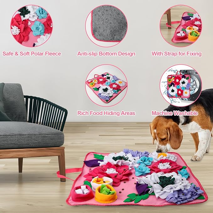 Vextronic Snuffle Mat for Dogs Large Breed Small Medium, 25''x25'' Sniff Mat for Dogs, Interactive Puzzle Foraging Mat, Dog Slow Feeder Mat, Encourages Natural Foraging Skills for Cats Rabbits Pink