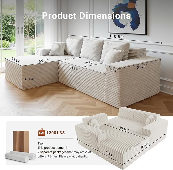 Claiks 110" Boneless Couch, Cloud Couch Sectional, L-Shape Corduroy Modular Sectional Sofa Deep Seat, Upholstered Couches for Living Room, No Assembly Required, Beige, Left Facing Chaise