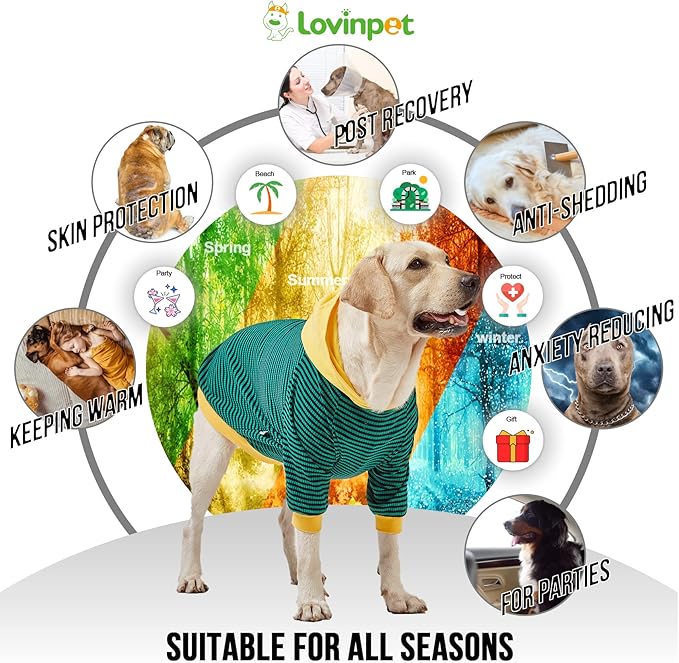 LovinPet Large Dog Pajamas, Cotton Green Stripe Dog Shirt, Pet Pajamas for Dogs, Onesies for Dogs, Stop Shedding for Dogs, Pitbull Shirt, Pet PJ's, 3XL