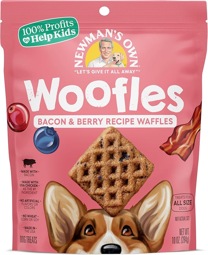 Newman's Own Bacon & Berry Woofles Waffle Dog Treats, 10 oz Bag (Pack of 6) — Soft & Chewy Waffles, No Artificial Flavors or Colors, Wholesome Training Rewards, Made in USA