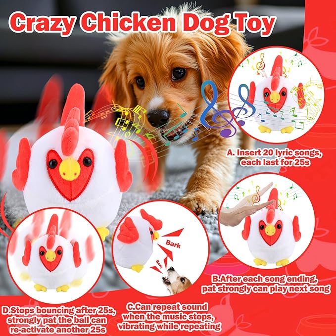 Interactive Dog Toys, Crazy Chicken Dog Toy with Pop Songs and Recording Mode, Rechargeable Active Self Moving Ball for Small/Medium/Large Puppy Dogs to Keep Them Busy, Dog Toys for Boredom Exercise