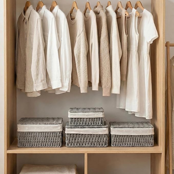Woven Storage Baskets with Lids, Set of 3, Gray Paper Rope Wicker Bins with Lids & Removable Liners, Stackable Shelf Organizer Boxes for Bathroom Closet Nursery