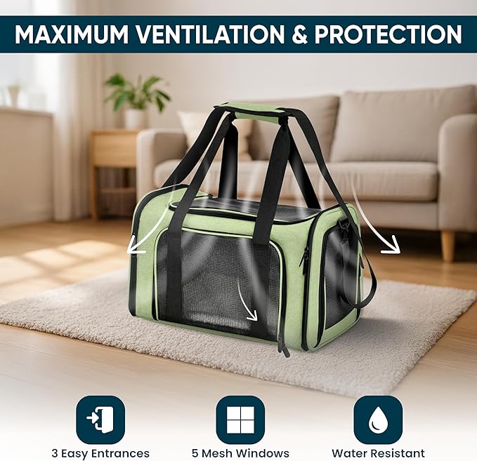 Pet Travel Carrier Bag – Airline Approved Soft-Sided Dog & Cat Carrier, Foldable, Breathable Mesh, Washable Pad – Fits Pets up to 15 lbs – The Pup Quartet (Green)