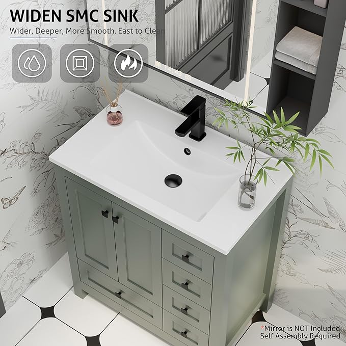 eclife 30" Bathroom Vanities with Sink Combo, Modern Thickened Wood Bathroom Storage Cabinet w/Undermount Sink, Matte Black Faucet Drain, Painted Surface, Green