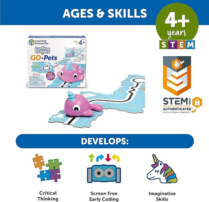 Learning Resources Coding Critters Go Pets Dipper the Narwhal - 14 Pieces, Ages 4+ Screen-Free Early Coding Toy For Kids, Interactive STEM Coding Pet, Toddler Learning Toys