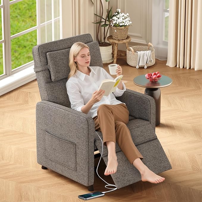 GarveeHome Electric Recliner Chair Living Room Chairs Adjustable Power Reclining Sofa Lazy Chair with Massage & Heat & Lumbar Support & Side Pockets & USB Port(Brown)