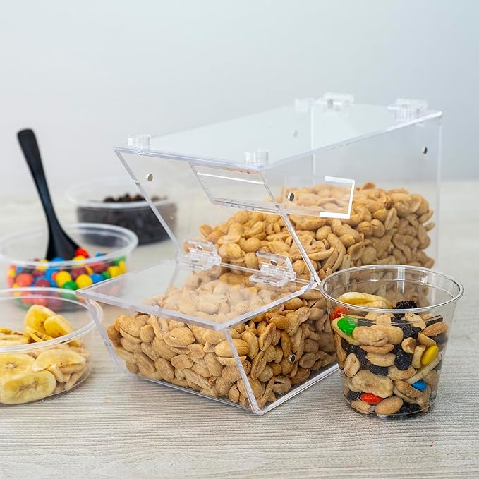 Candy Bin Topping Dispenser - Acrylic Bulk Sprinkle Container with Scoop, Stackable & Magnetic for Multiple Holders - For Cereal, Nuts, Candies & Snack Food Storage - 2 Pack