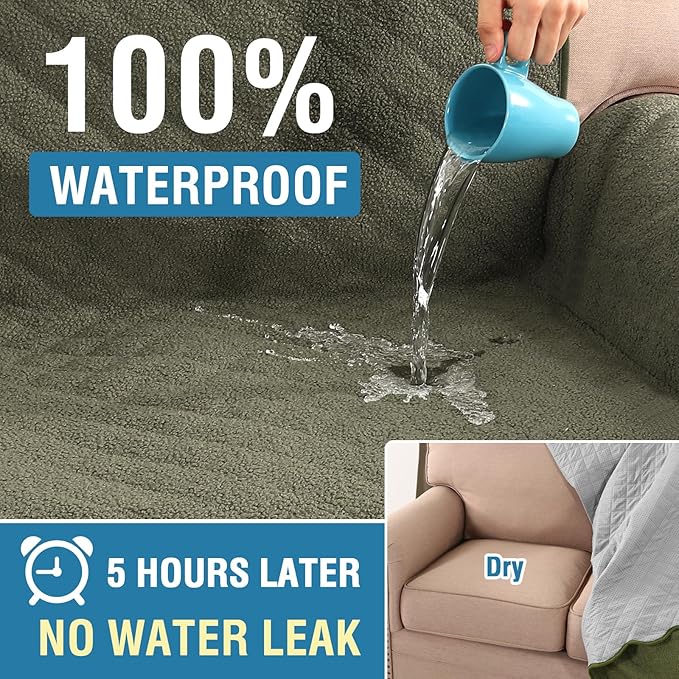 H.VERSAILTEX Waterproof Quilted Couch Covers Non Slip Sofa Covers Protector Slipcovers for Dogs, Single Sofa Armchair for Pet Furniture Protector Modern Fleece Fabric (Chair,Tea Tree)